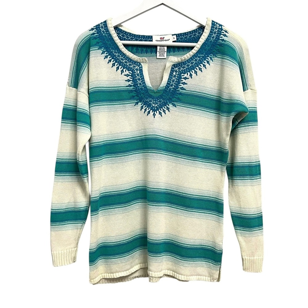 Vineyard Vines Sweater Womens Small Green Blue Stripe‎ Embroidered Tunic V-Neck